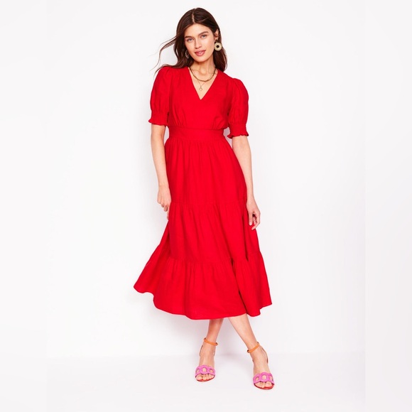 NWT Boden Anna Linen Tiered Midi Dress in Poppy Red - Picture 2 of 12